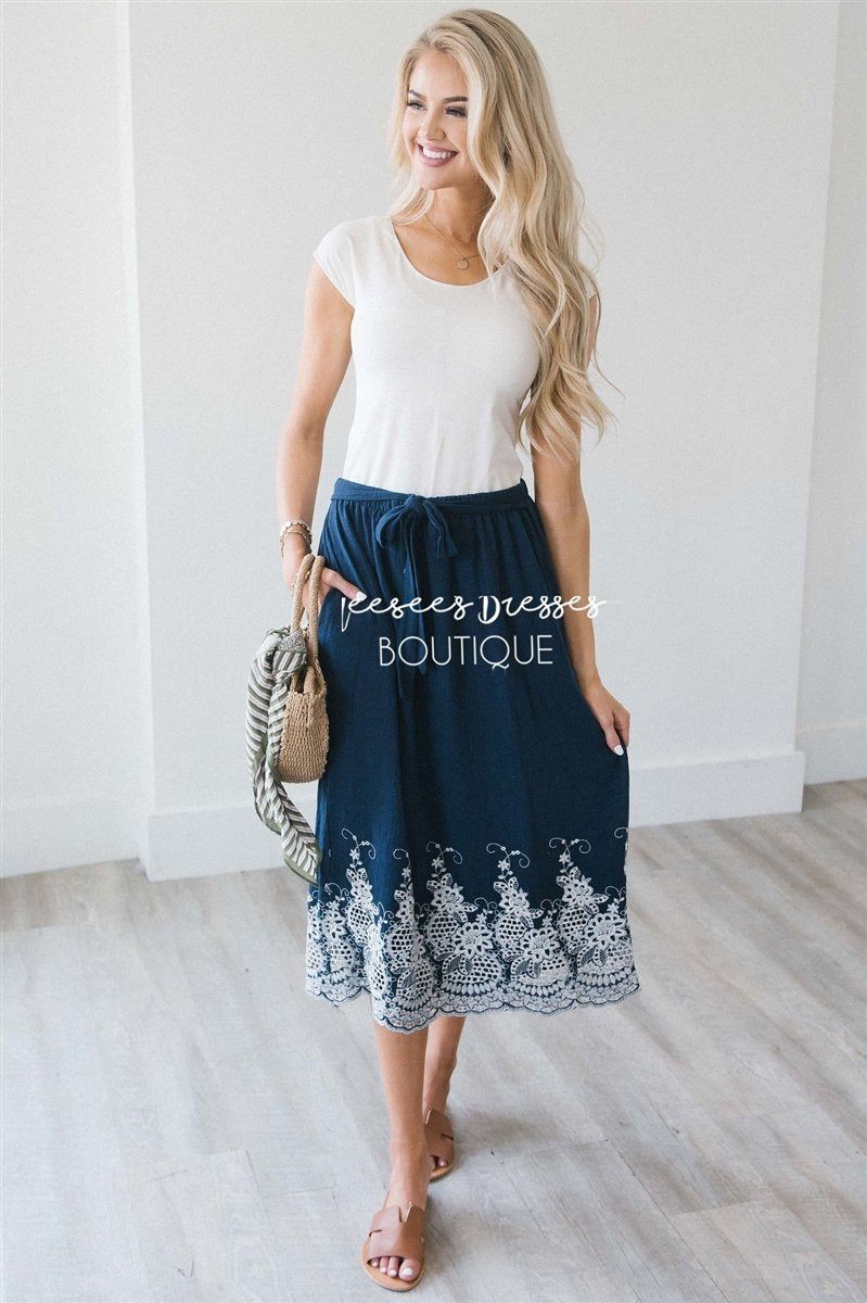 Embroidered Scallop Trim Tie Waist Skirt Skirts vendor-unknown Navy S 