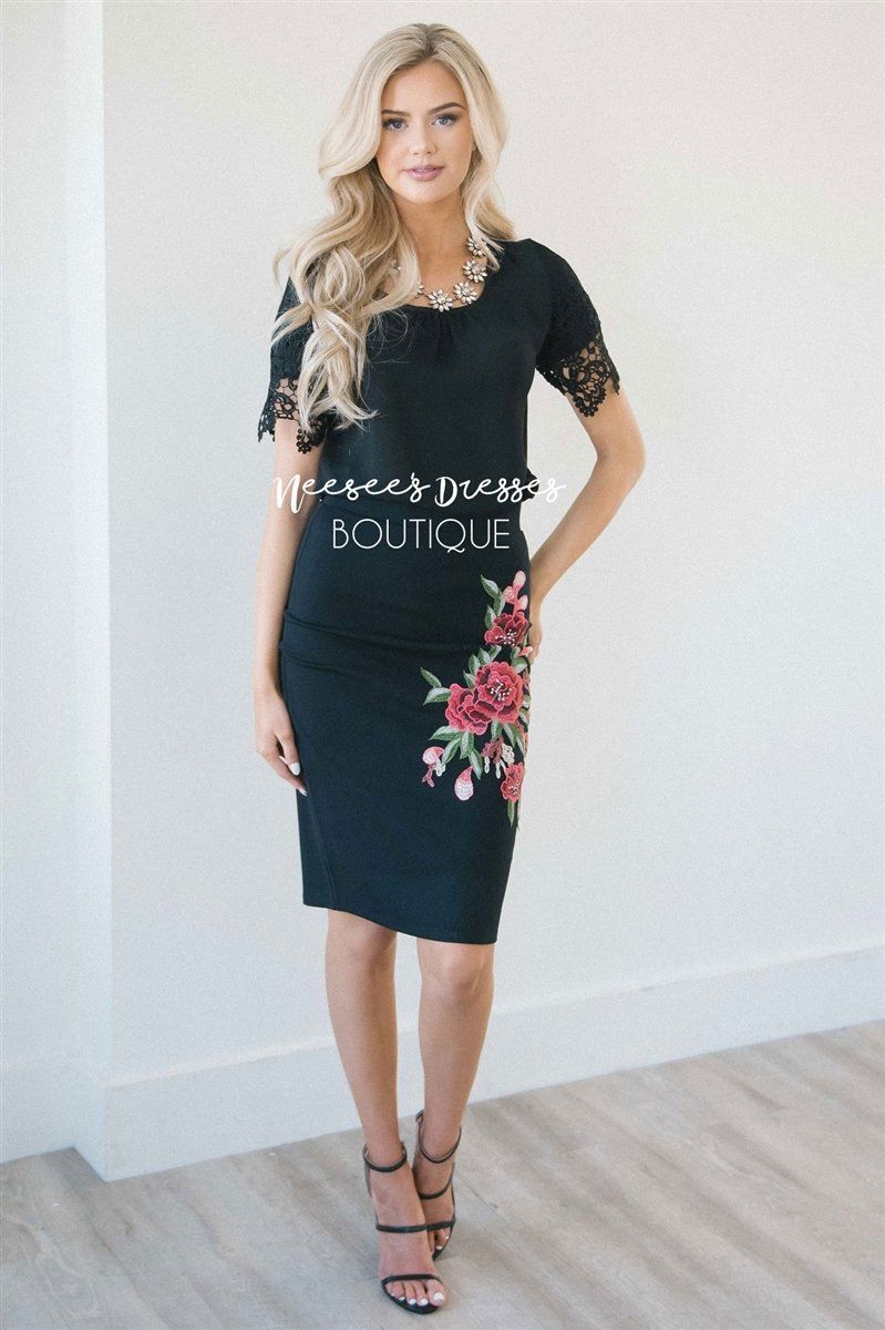 Black Rose Embroidered Pencil Skirt Skirts vendor-unknown 