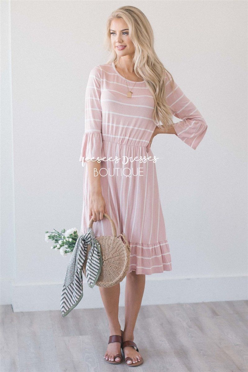 The Tiffany Modest Dresses vendor-unknown S Light Pink & Ivory Stripes 