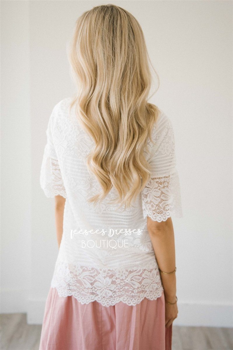 Lace Scalloped Bell Sleeve Top Tops vendor-unknown 