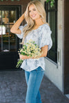 Pinstripe Floral Bubble Sleeve Top Tops vendor-unknown