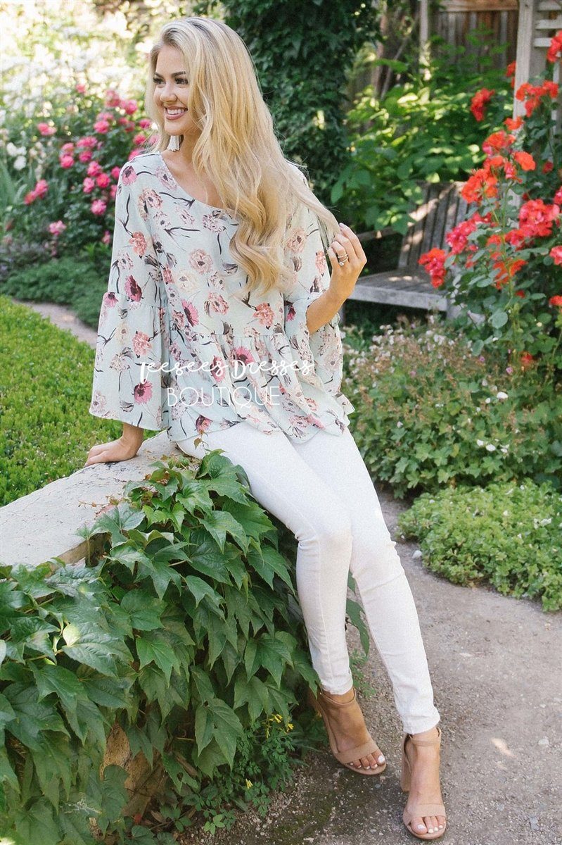 Chiffon Floral Peplum Bell Sleeve Top Tops vendor-unknown 