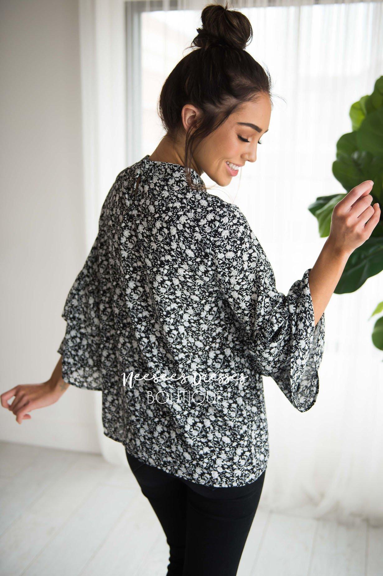 Garden Floral High Neck Bell Sleeve Blouse Modest Dresses vendor-unknown 