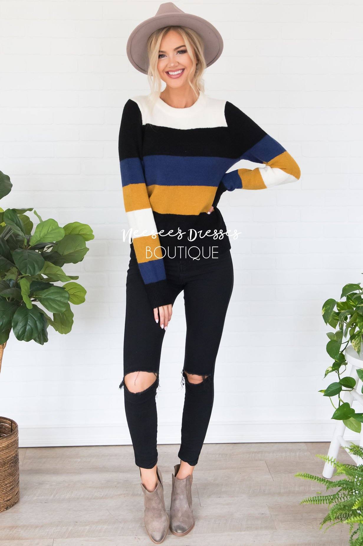 Stay Cozy Color Block Sweater Modest Dresses vendor-unknown 
