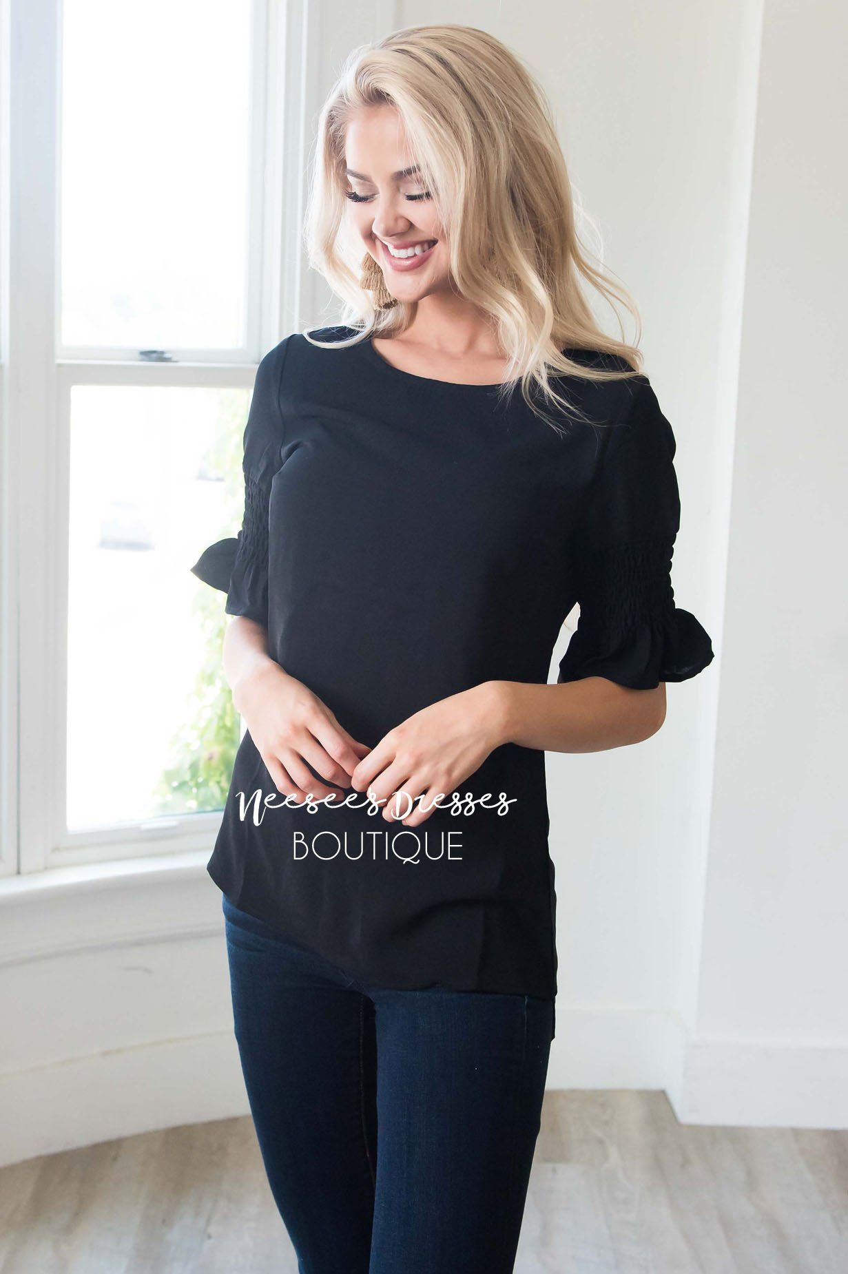 Something New Gathered Sleeve Top Modest Dresses vendor-unknown 