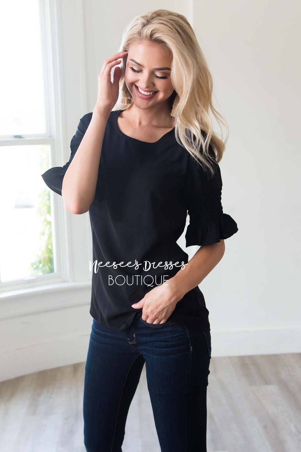 Something New Gathered Sleeve Top Modest Dresses vendor-unknown 