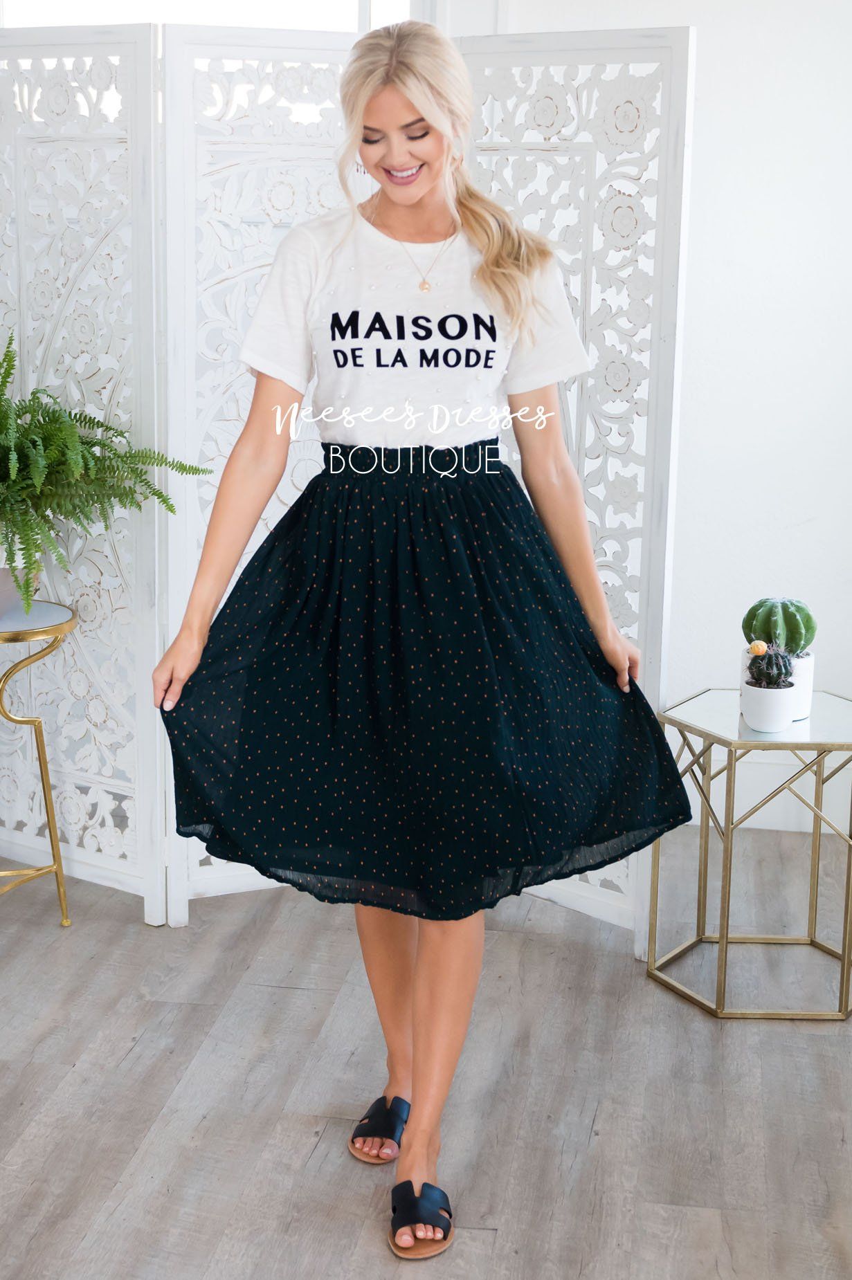 Dot Crepe Smocked Waist Skirt Skirts vendor-unknown 