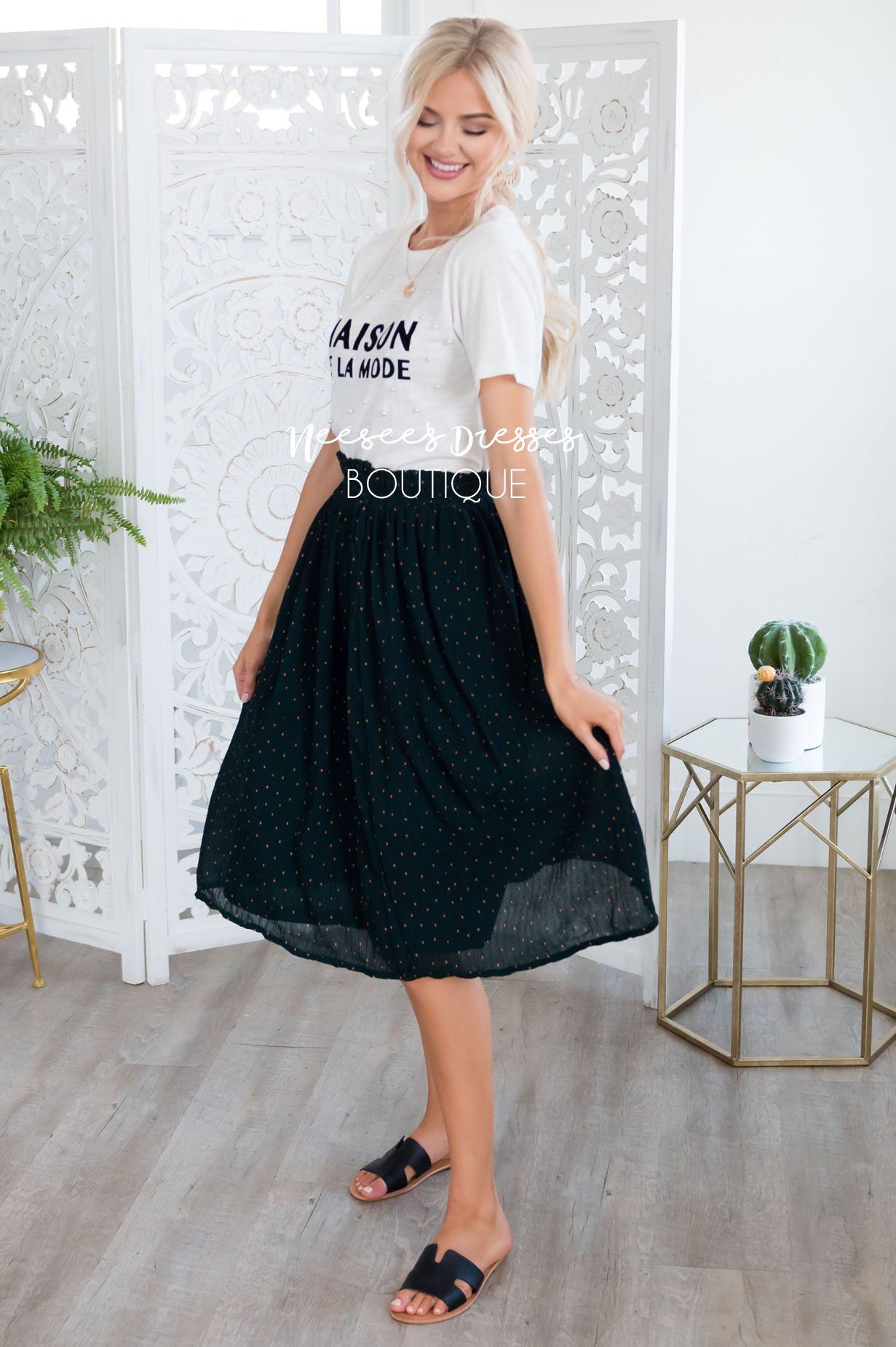 Dot Crepe Smocked Waist Skirt Skirts vendor-unknown 