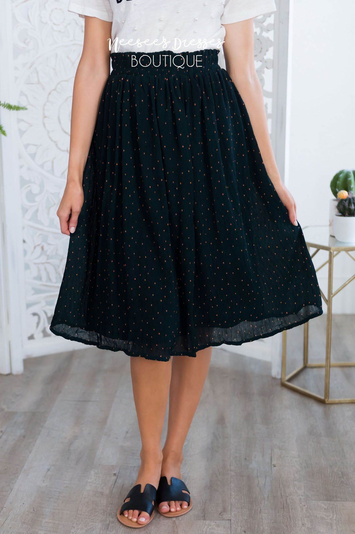 Dot Crepe Smocked Waist Skirt Skirts vendor-unknown 
