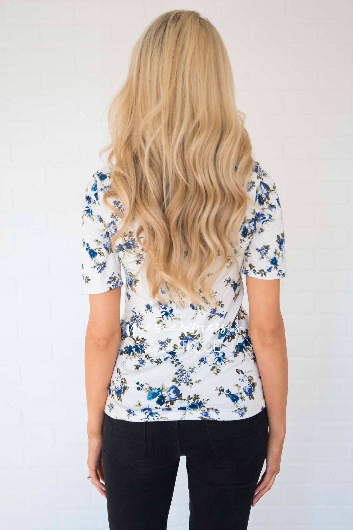 Ivory Blue Floral Scoop Neck Top Tops vendor-unknown 