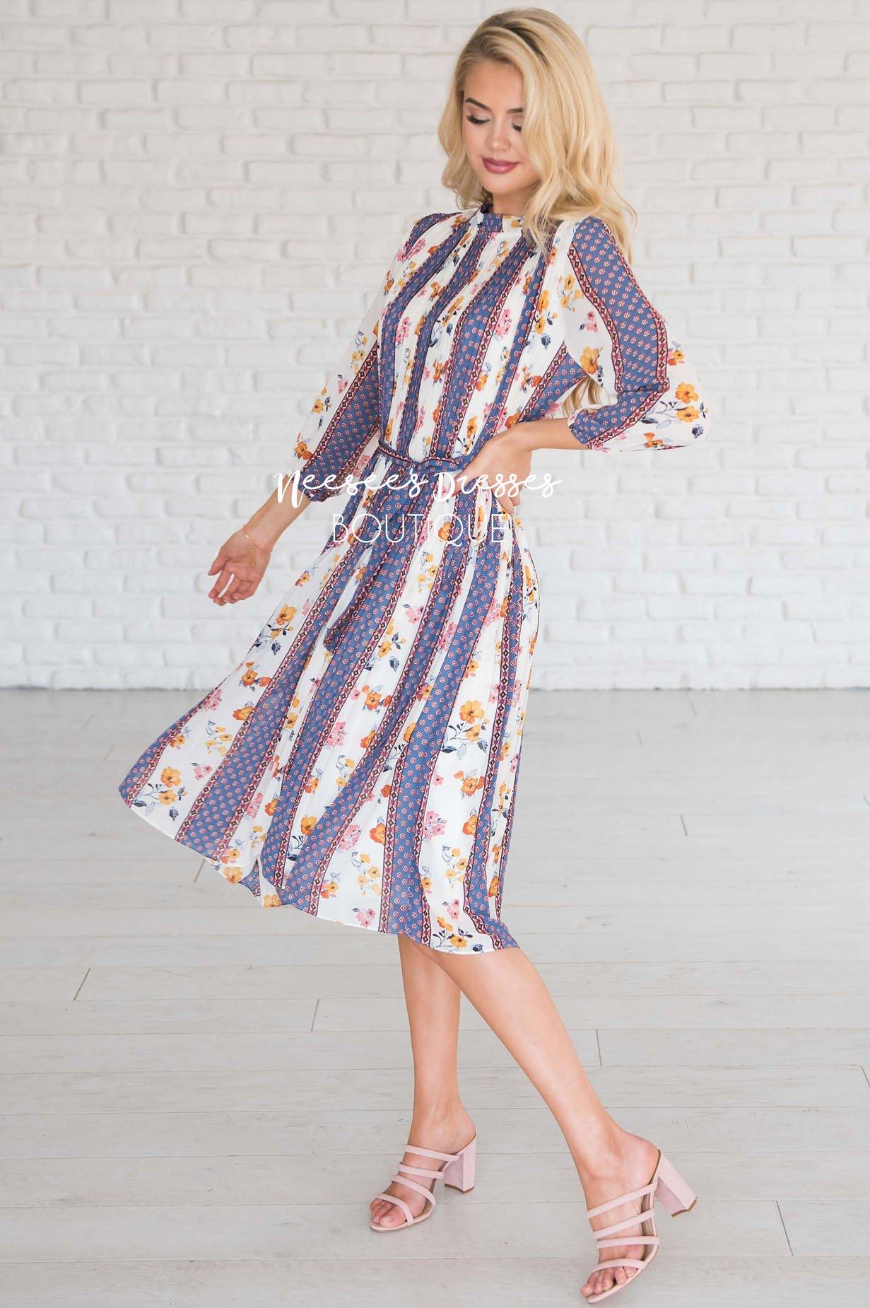 Blue Striped Floral Modest Dresses vendor-unknown 