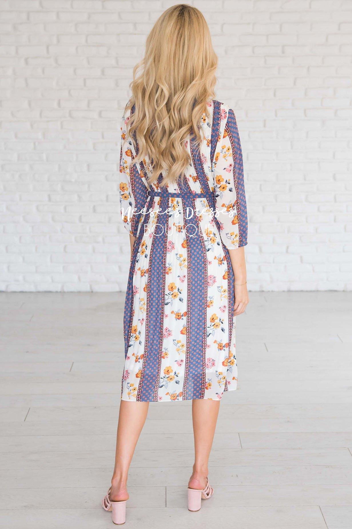 Blue Striped Floral Modest Dresses vendor-unknown 