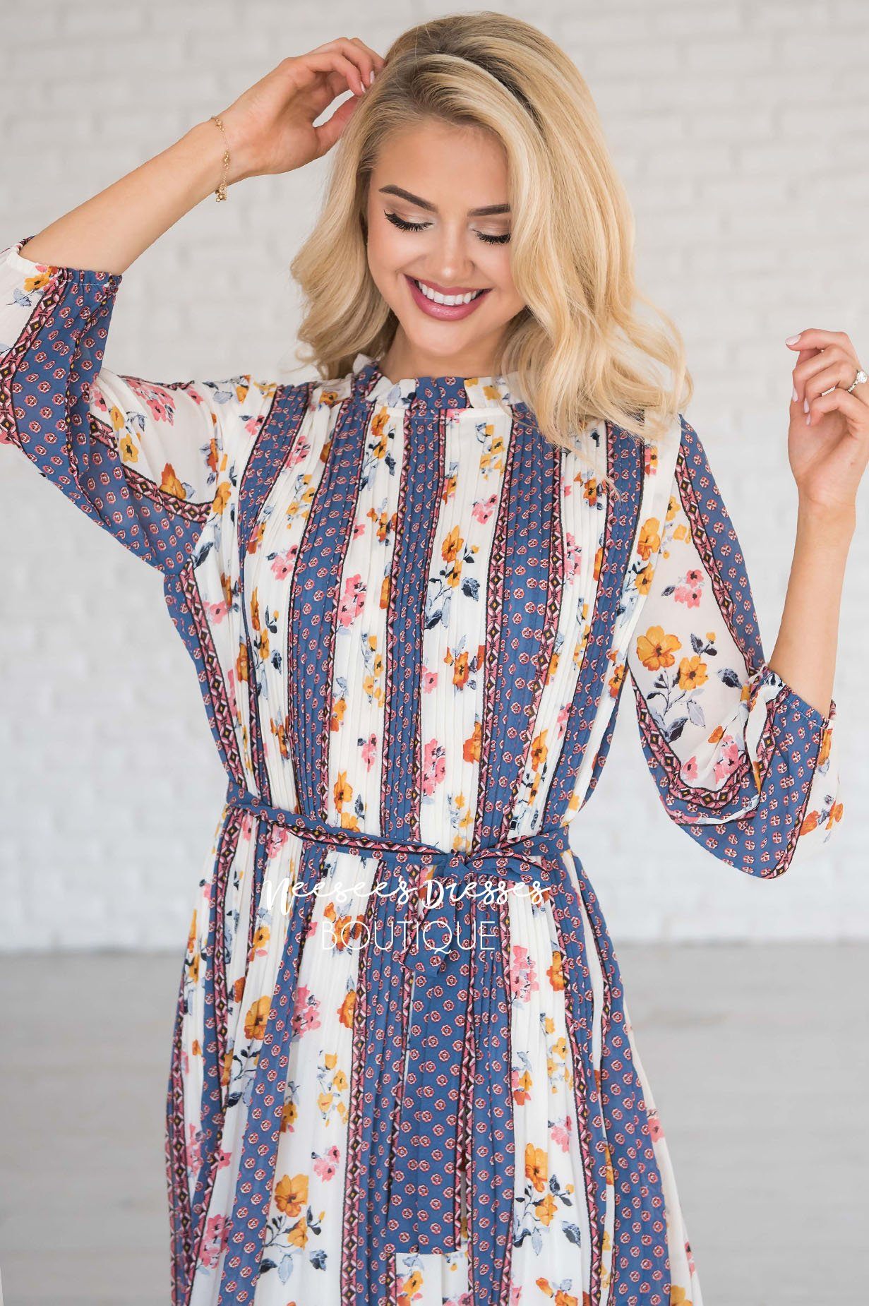 Blue Striped Floral Modest Dresses vendor-unknown 