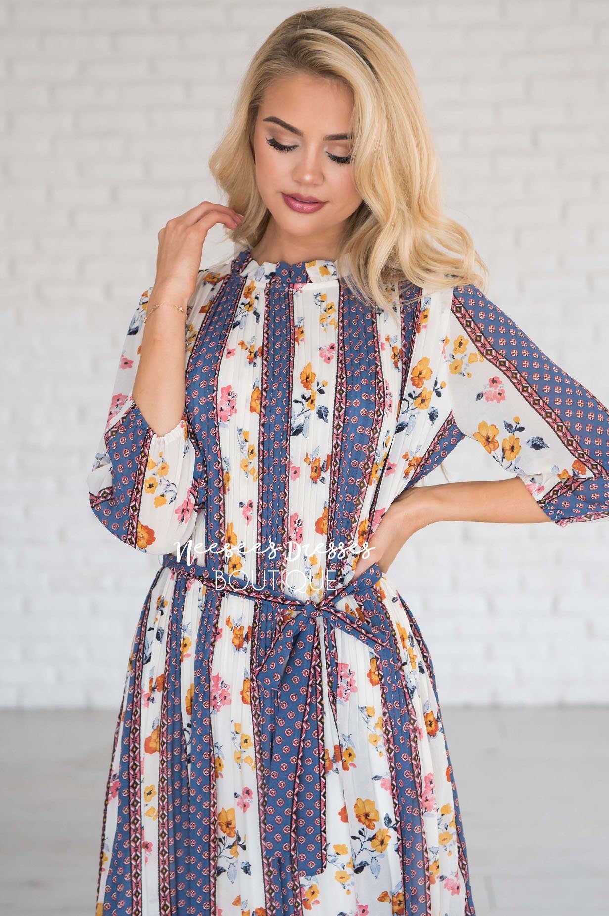 Blue Striped Floral Modest Dresses vendor-unknown 