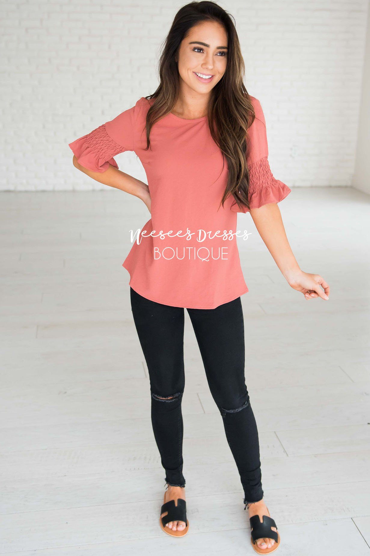 Something New Gathered Sleeve Top Modest Dresses vendor-unknown 