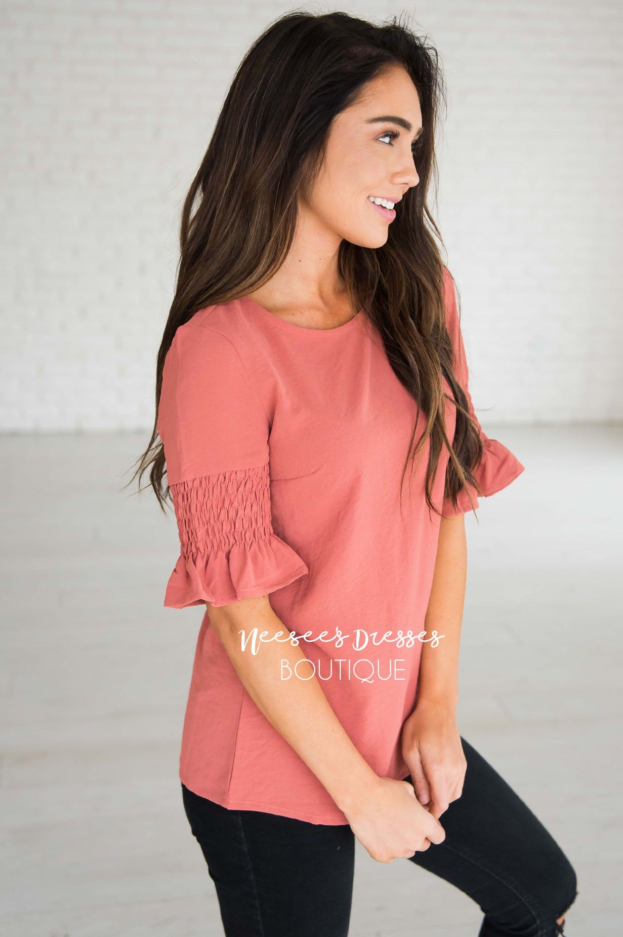 Something New Gathered Sleeve Top Modest Dresses vendor-unknown 