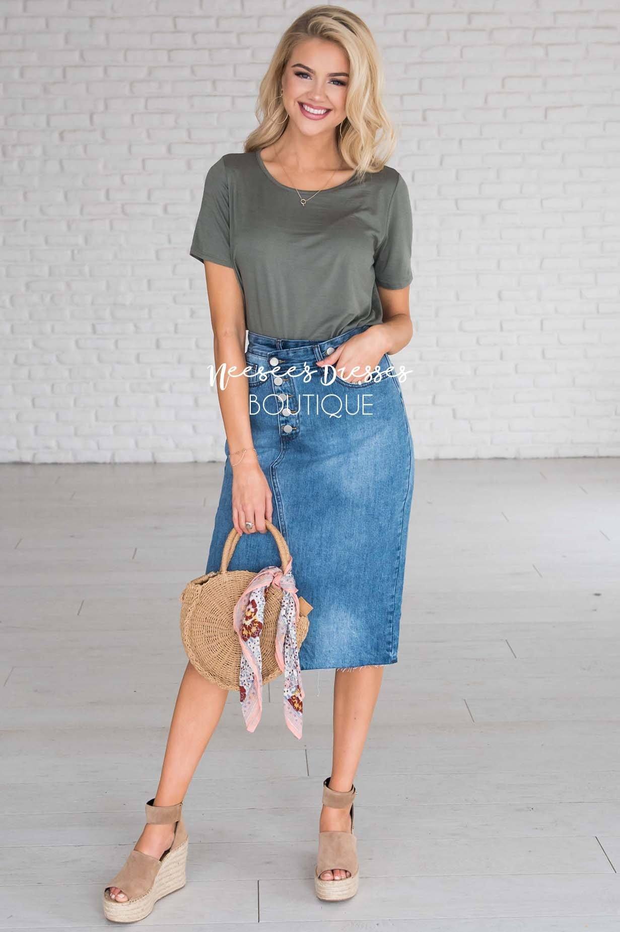 Pretty In Denim Asymmetrical Skirt Modest Dresses vendor-unknown 