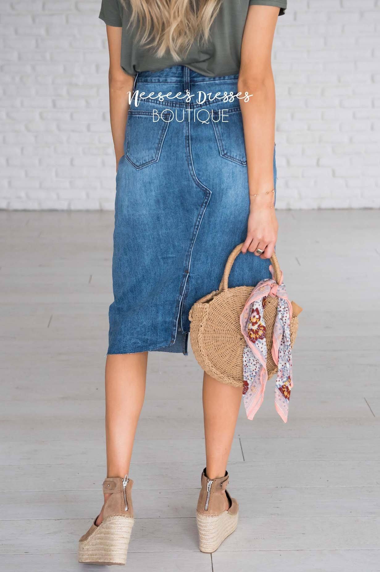 Pretty In Denim Asymmetrical Skirt Modest Dresses vendor-unknown 