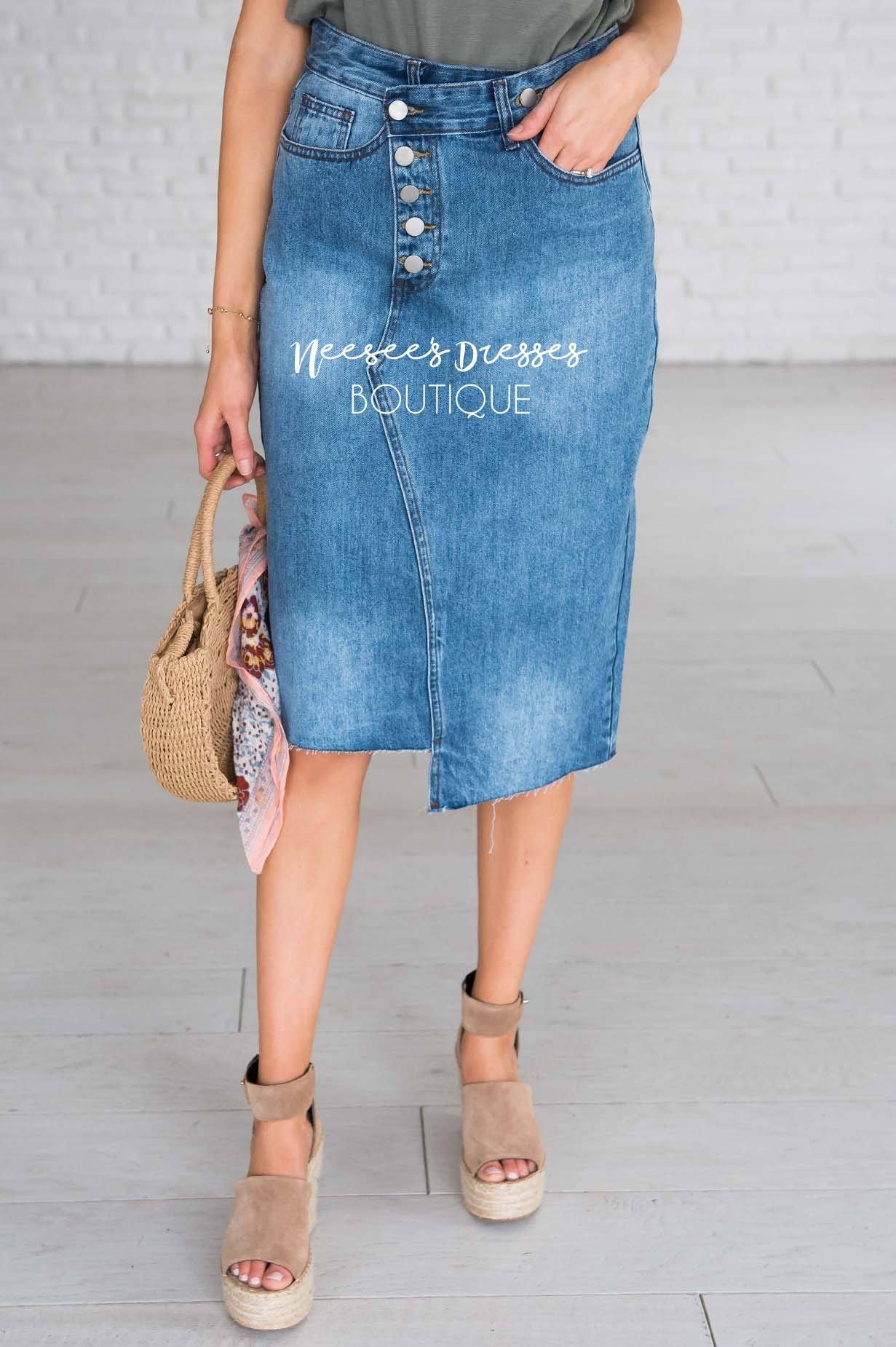 Pretty In Denim Asymmetrical Skirt Modest Dresses vendor-unknown 