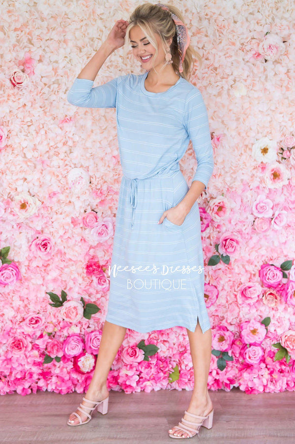 Denim Double Stripe Drawstring Modest Dress | Cute Modest Dresses