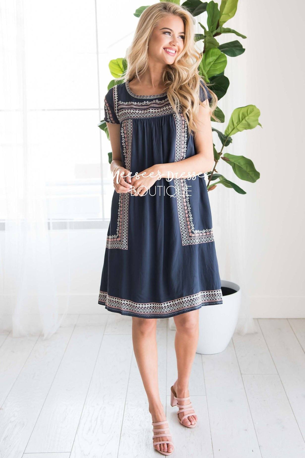 Navy Embroidered Modest Dresses vendor-unknown 