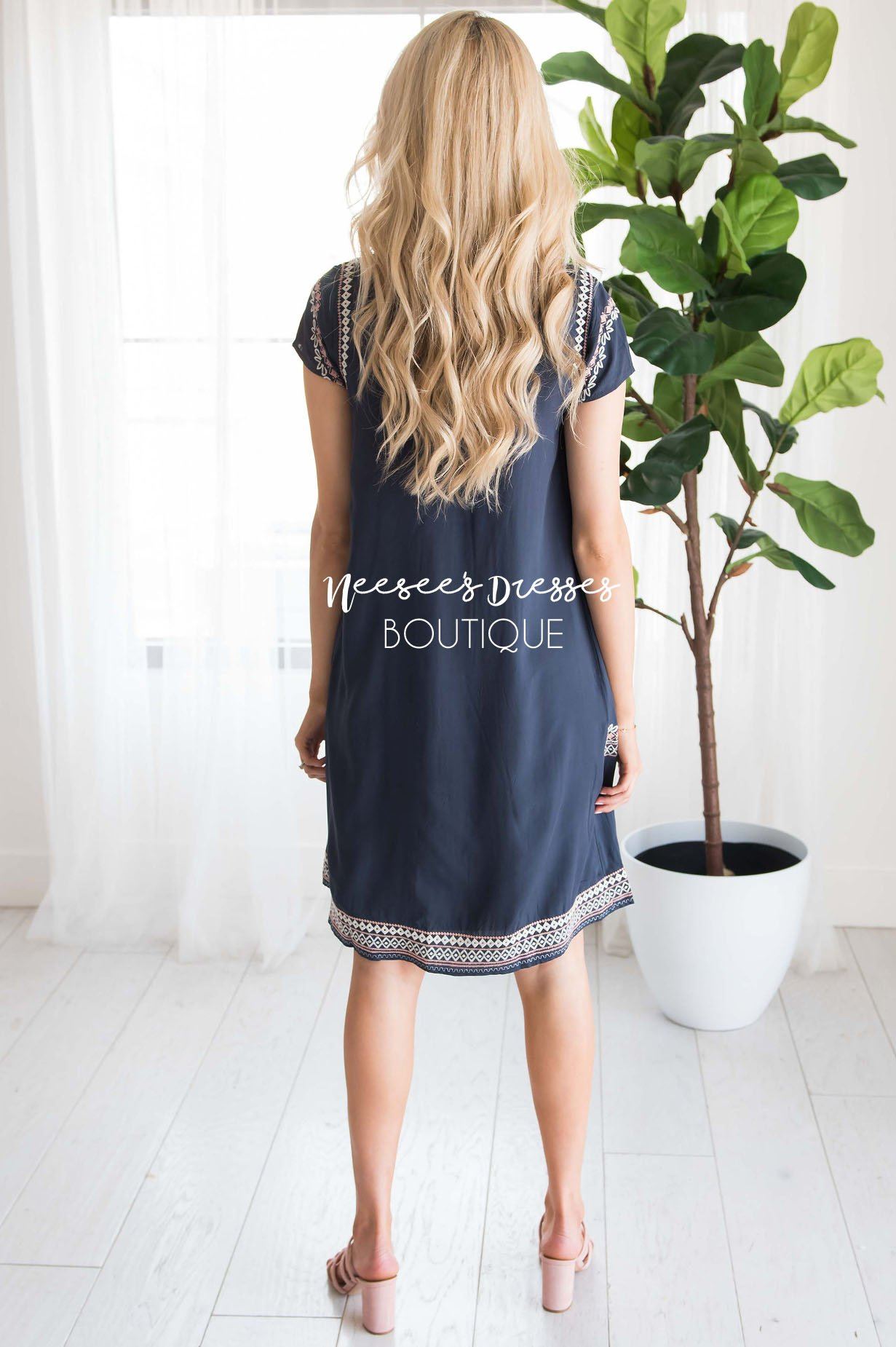 Navy Embroidered Modest Dresses vendor-unknown 