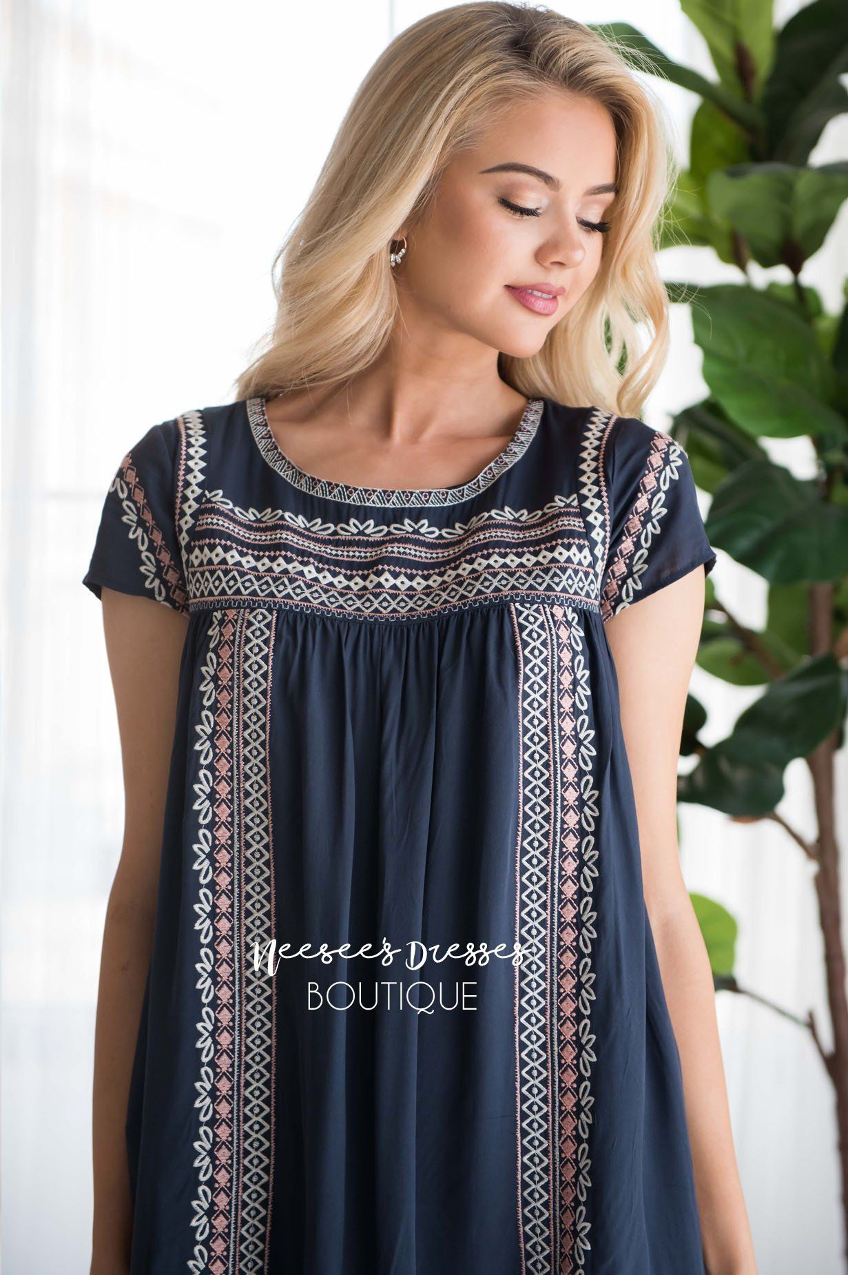 Navy Embroidered Modest Dresses vendor-unknown 