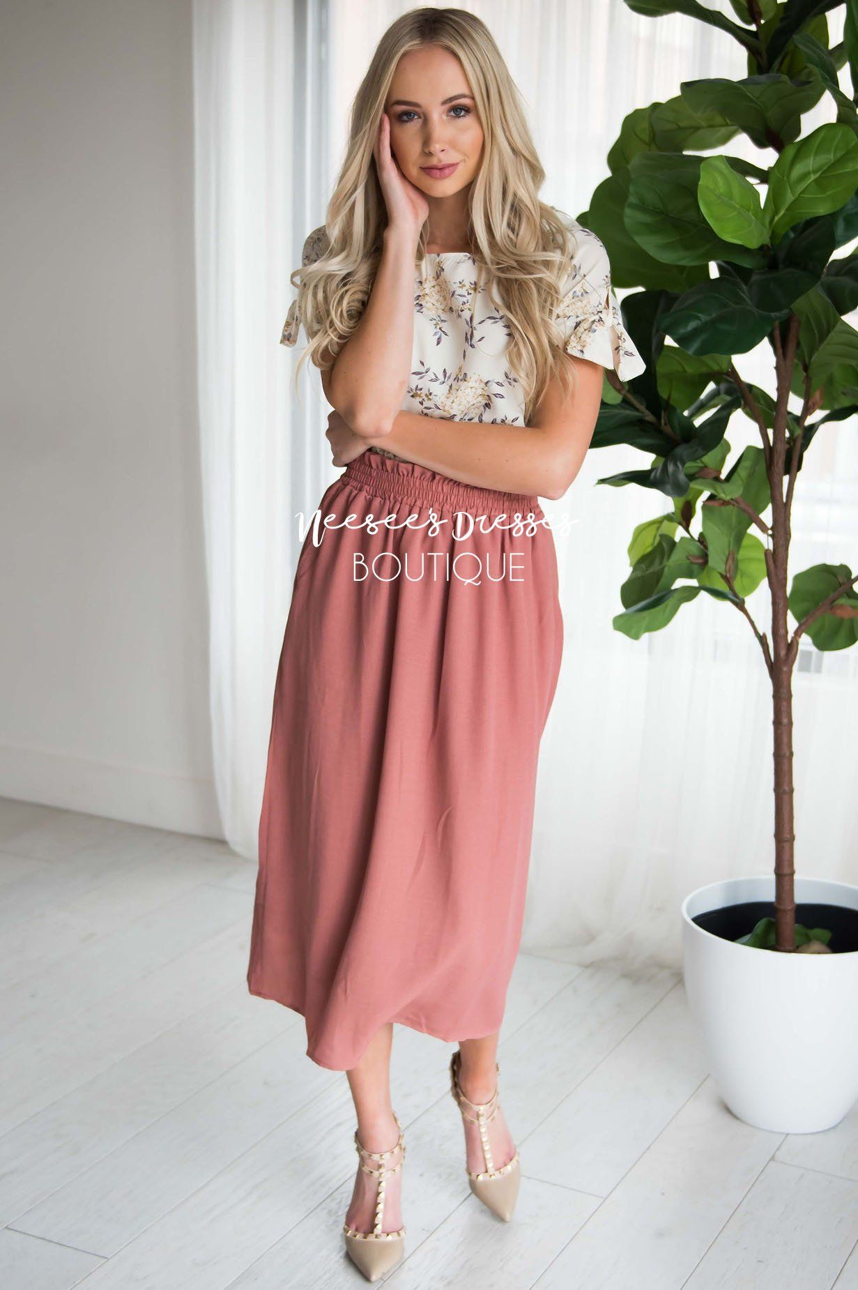 Dusty Rose Smock Waist Skirt Modest Dresses vendor-unknown 