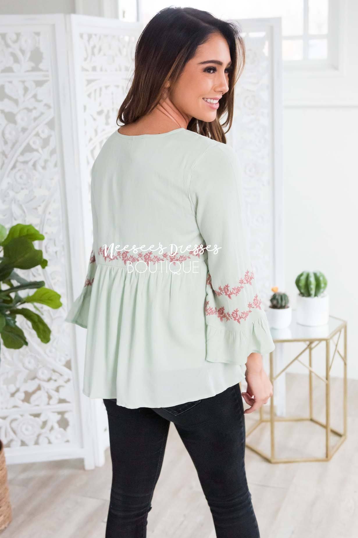 Sage Flounce Embroidered Blouse Tops vendor-unknown 