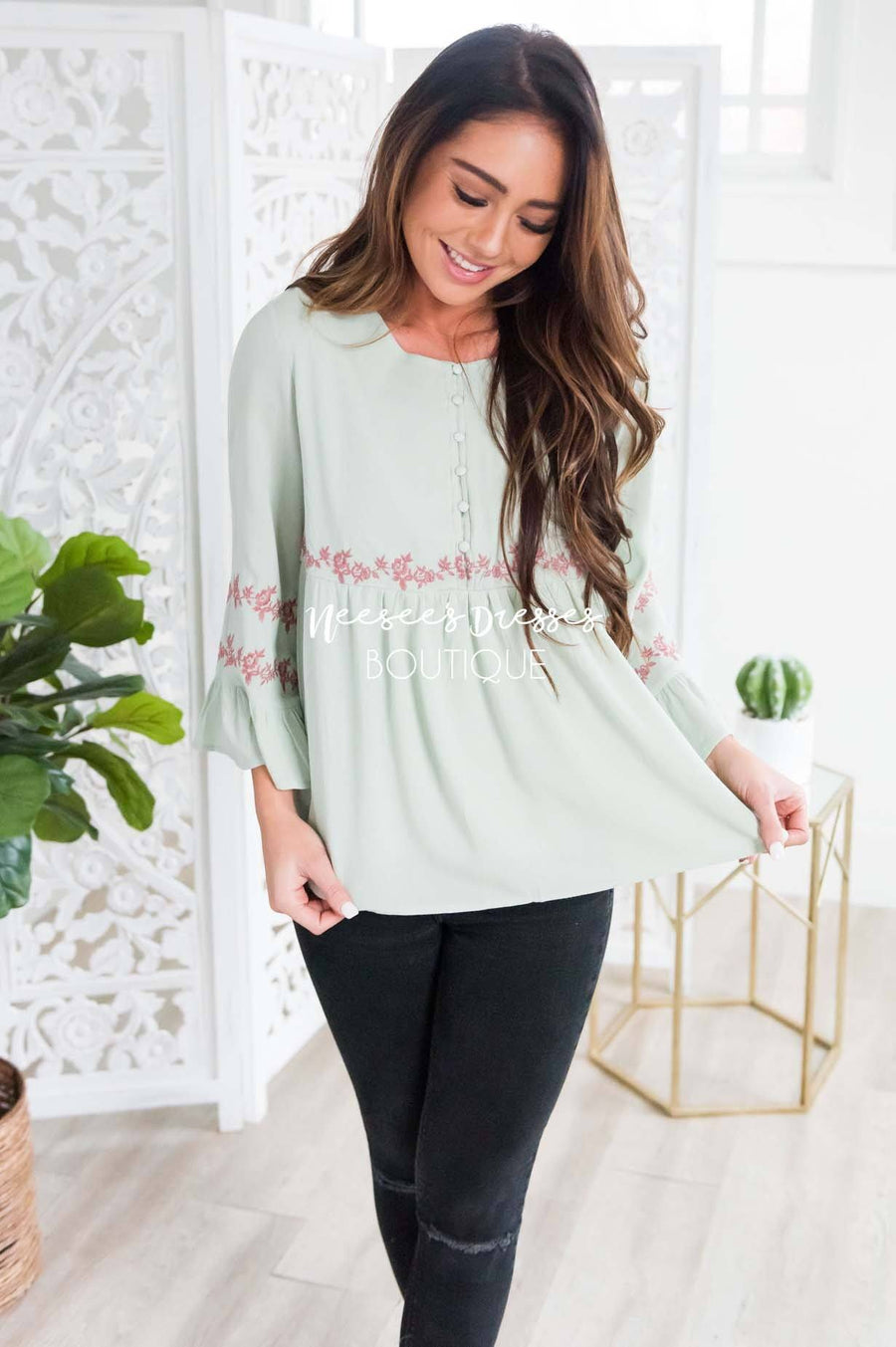 Sage Flounce Embroidered Blouse