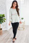 Sage Flounce Embroidered Blouse Tops vendor-unknown