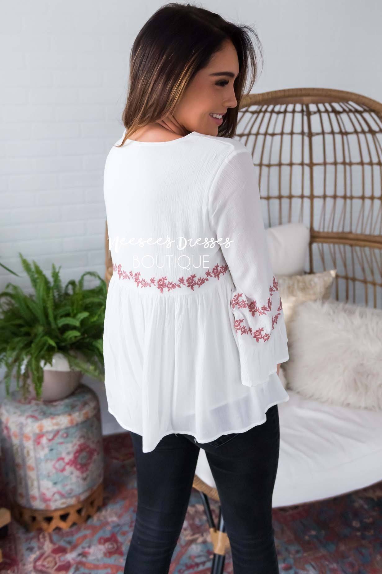 Ivory Flounce Embroidered Blouse Tops vendor-unknown 