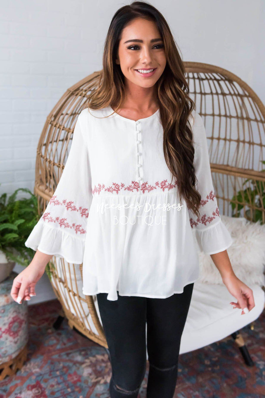 Ivory Flounce Embroidered Blouse Tops vendor-unknown 