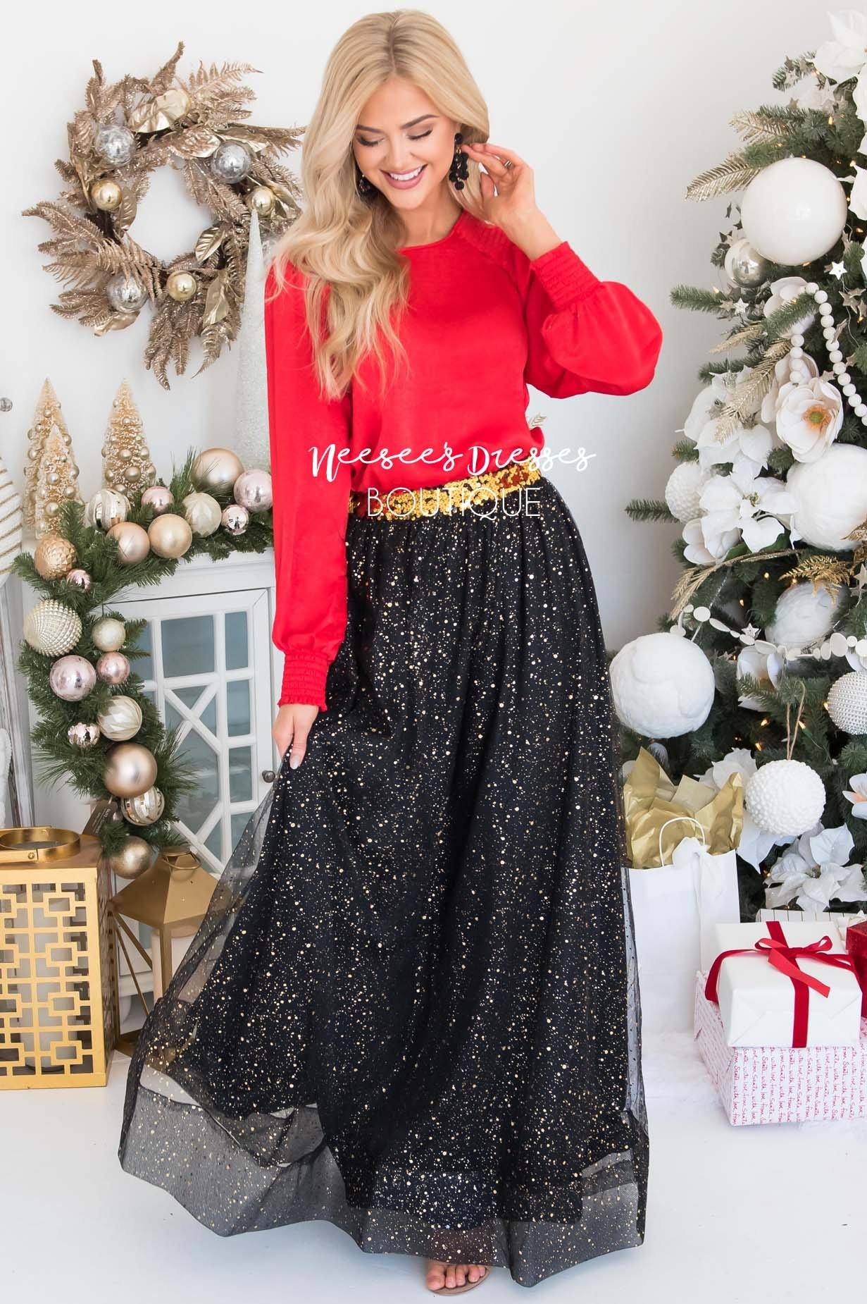 Black Gold Tulle Maxi Skirt Modest Dresses vendor-unknown 