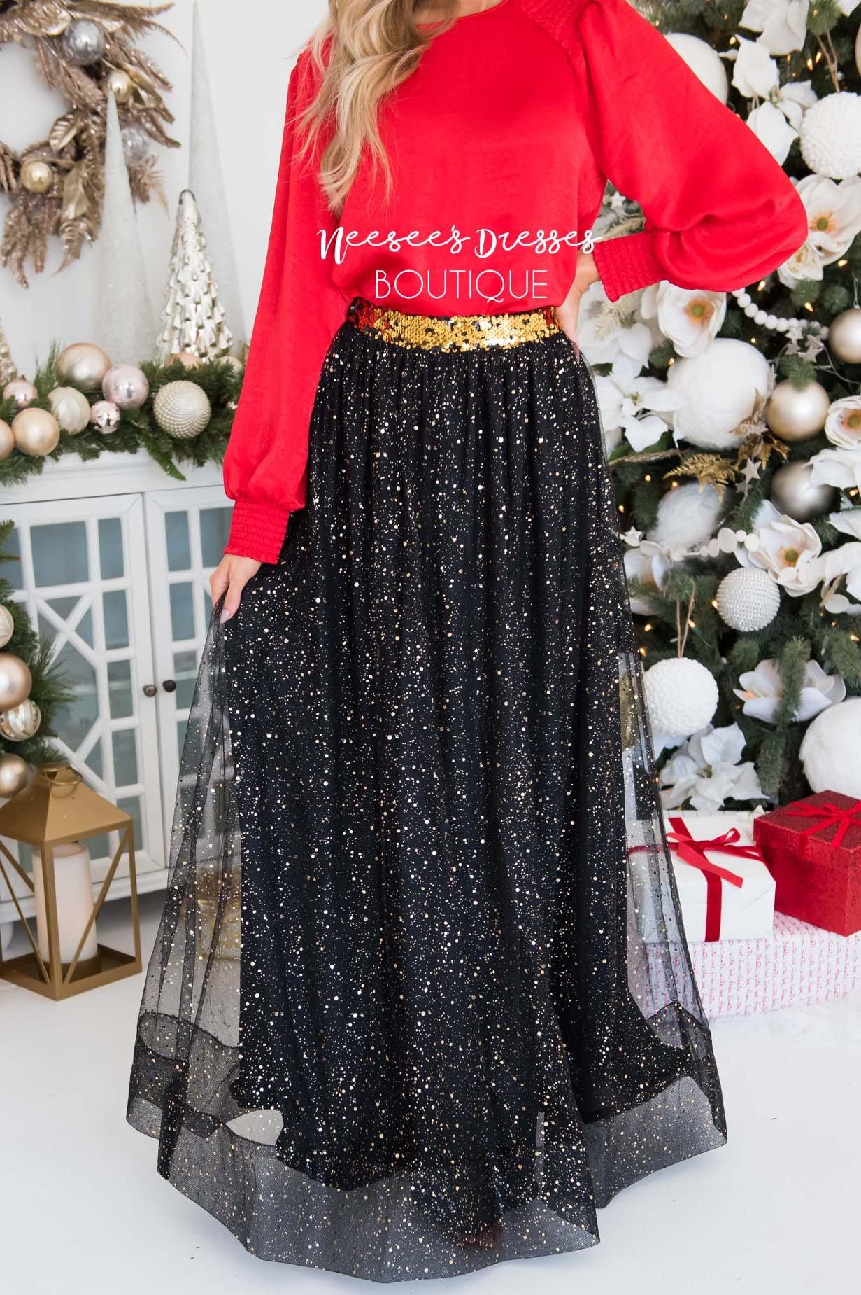Black Gold Tulle Maxi Skirt Modest Dresses vendor-unknown 