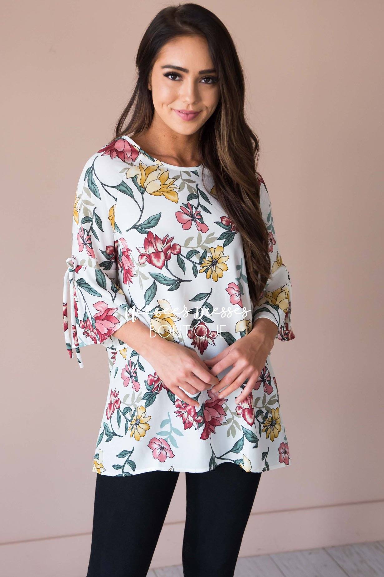 Falling For Floral Bell Sleeve Top Modest Dresses vendor-unknown 