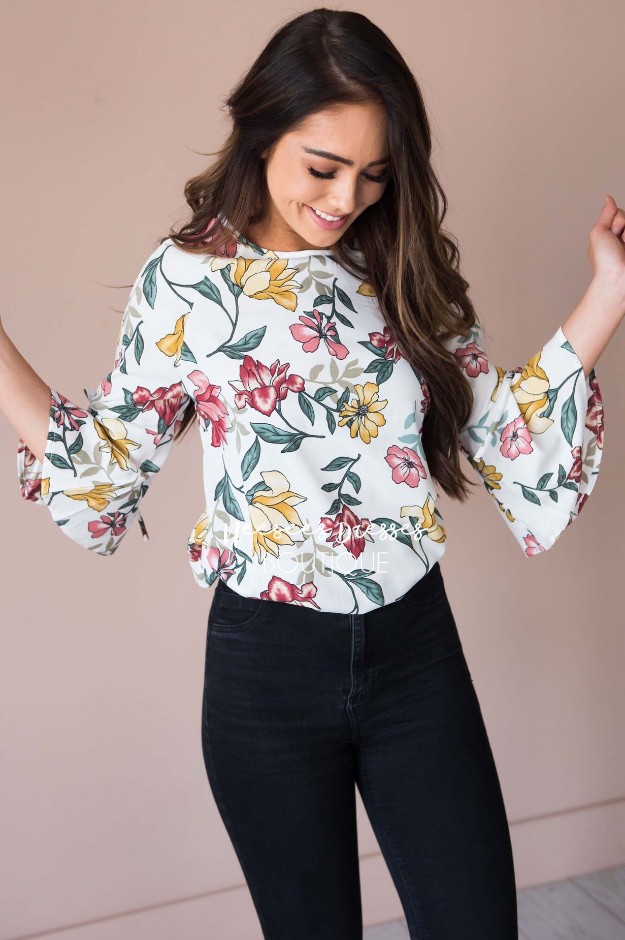 Falling For Floral Bell Sleeve Top Modest Dresses vendor-unknown 
