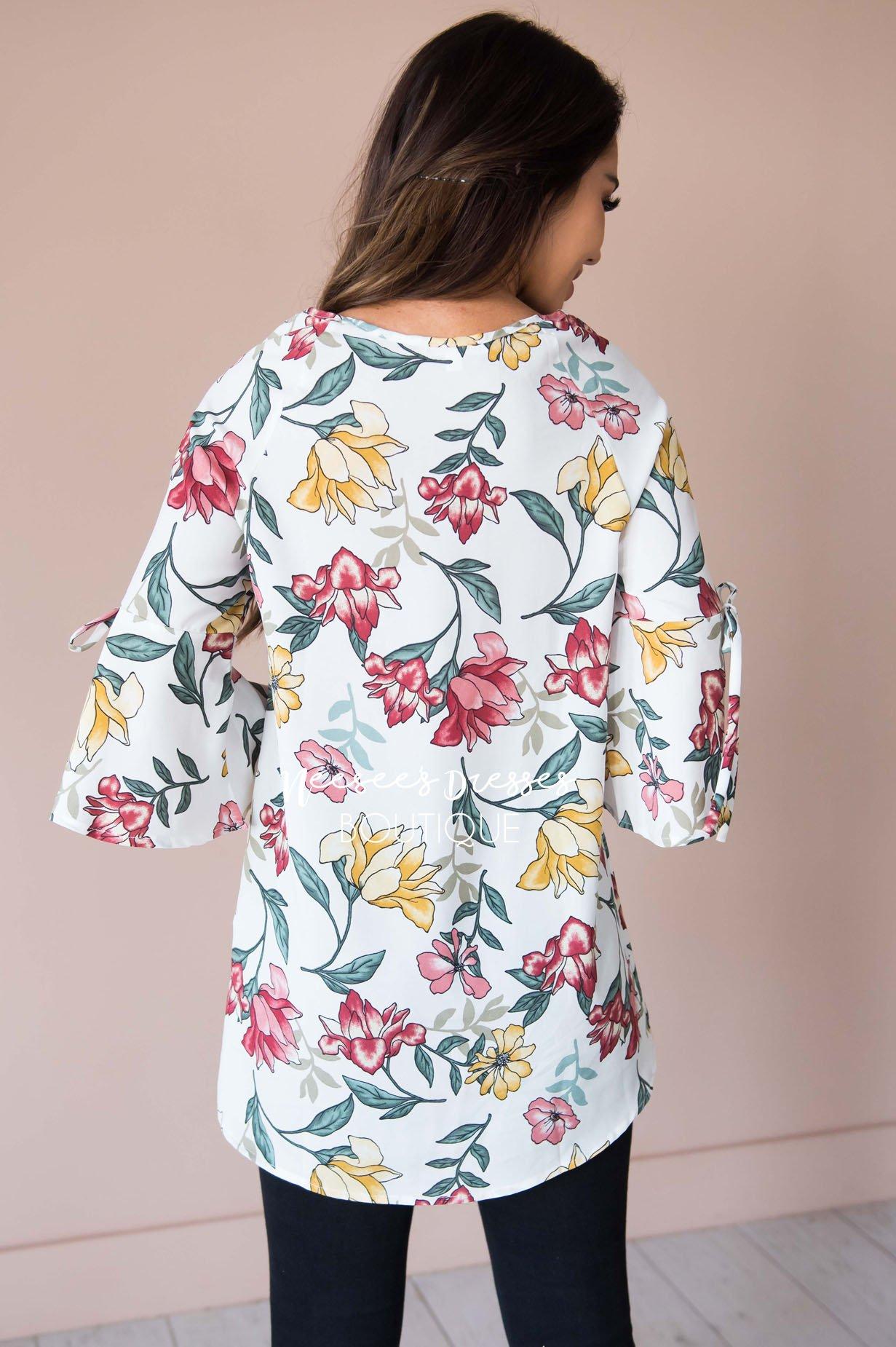 Falling For Floral Bell Sleeve Top Modest Dresses vendor-unknown 