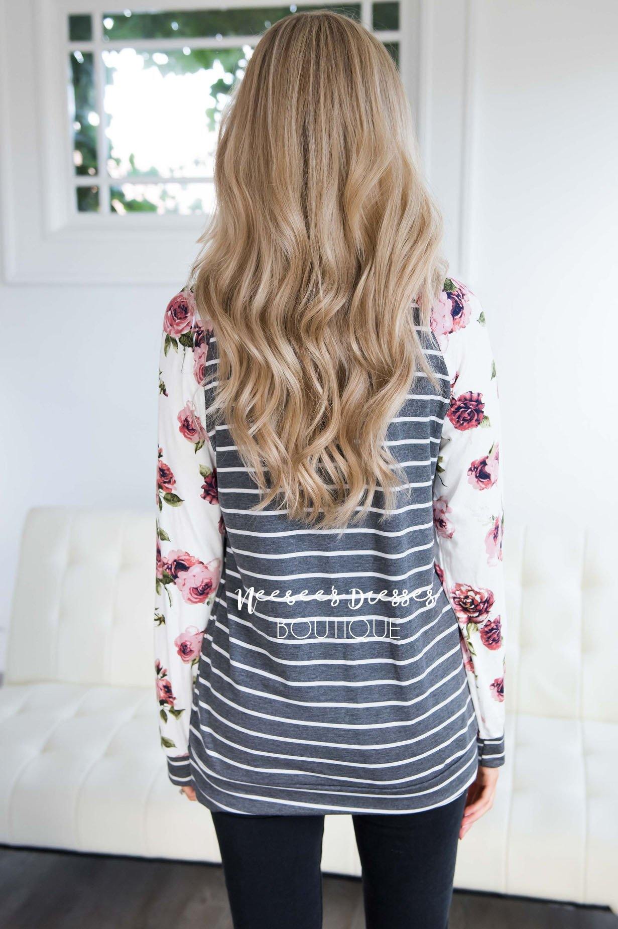 Floral Sleeve & Striped Top Tops vendor-unknown 