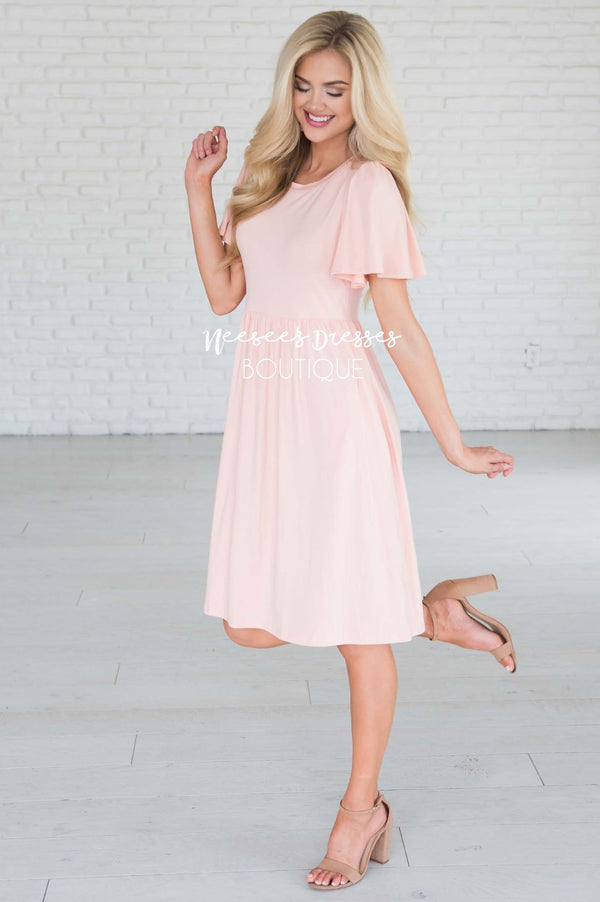 Peachy Pink Flutter Sleeve Midi Modest Dress | Best and Affordable ...