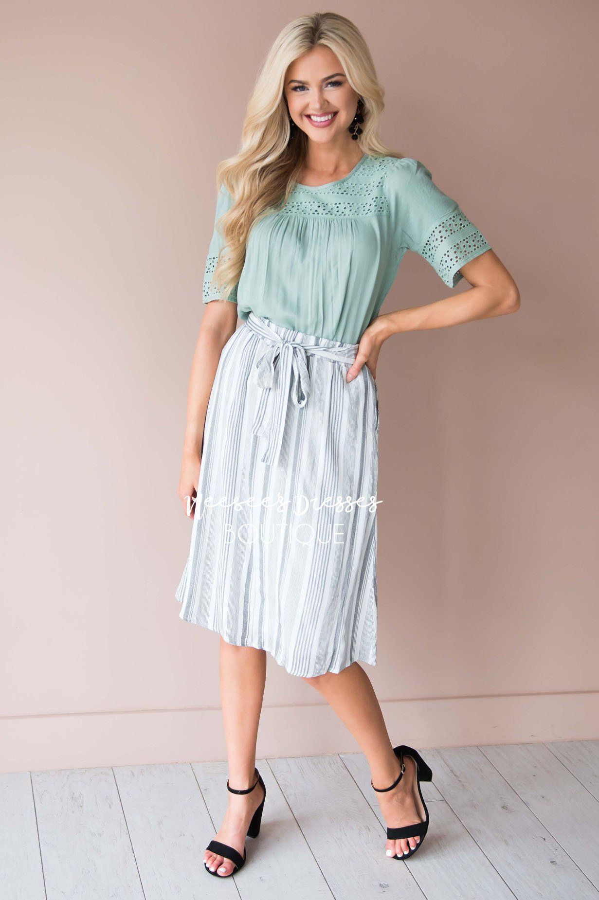 Striped Tie Front Skirt Modest Dresses vendor-unknown 