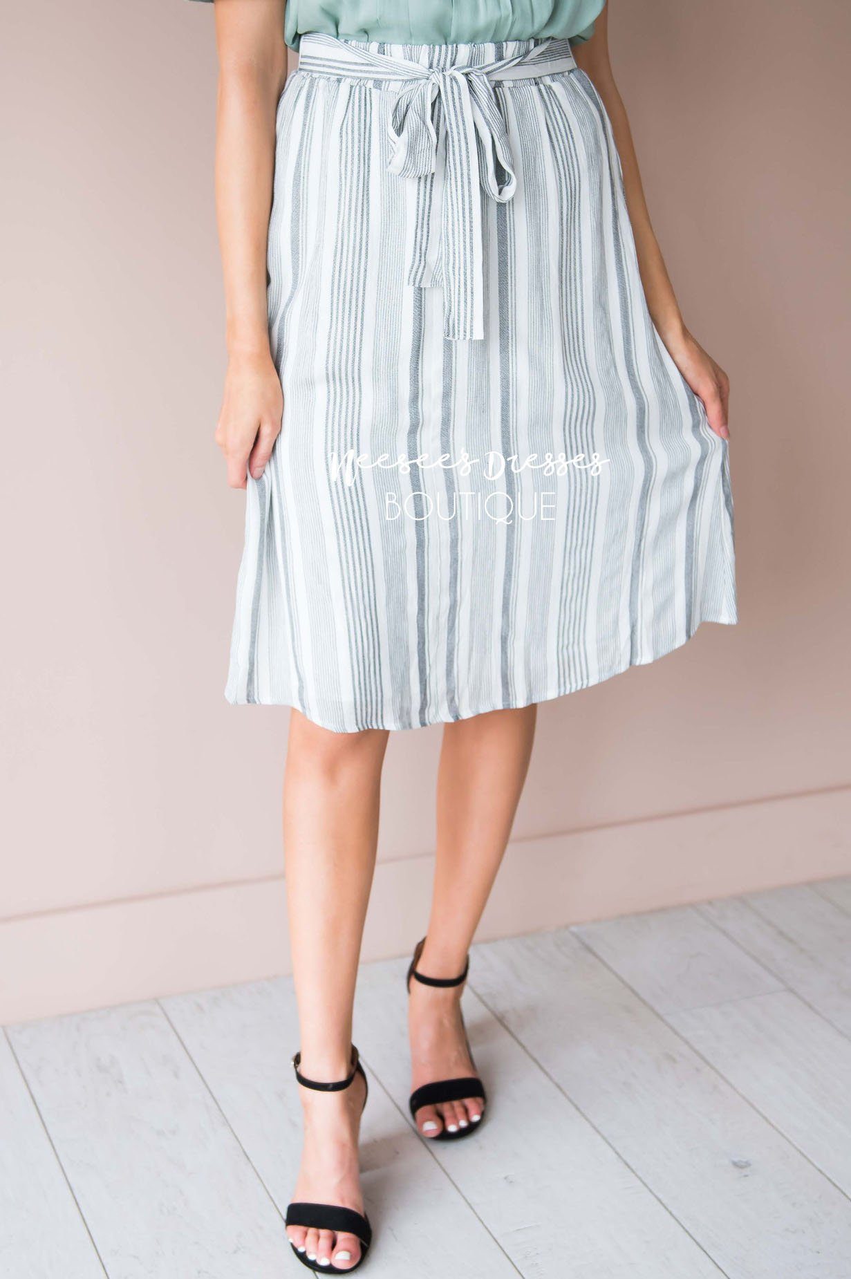 Striped Tie Front Skirt Modest Dresses vendor-unknown 