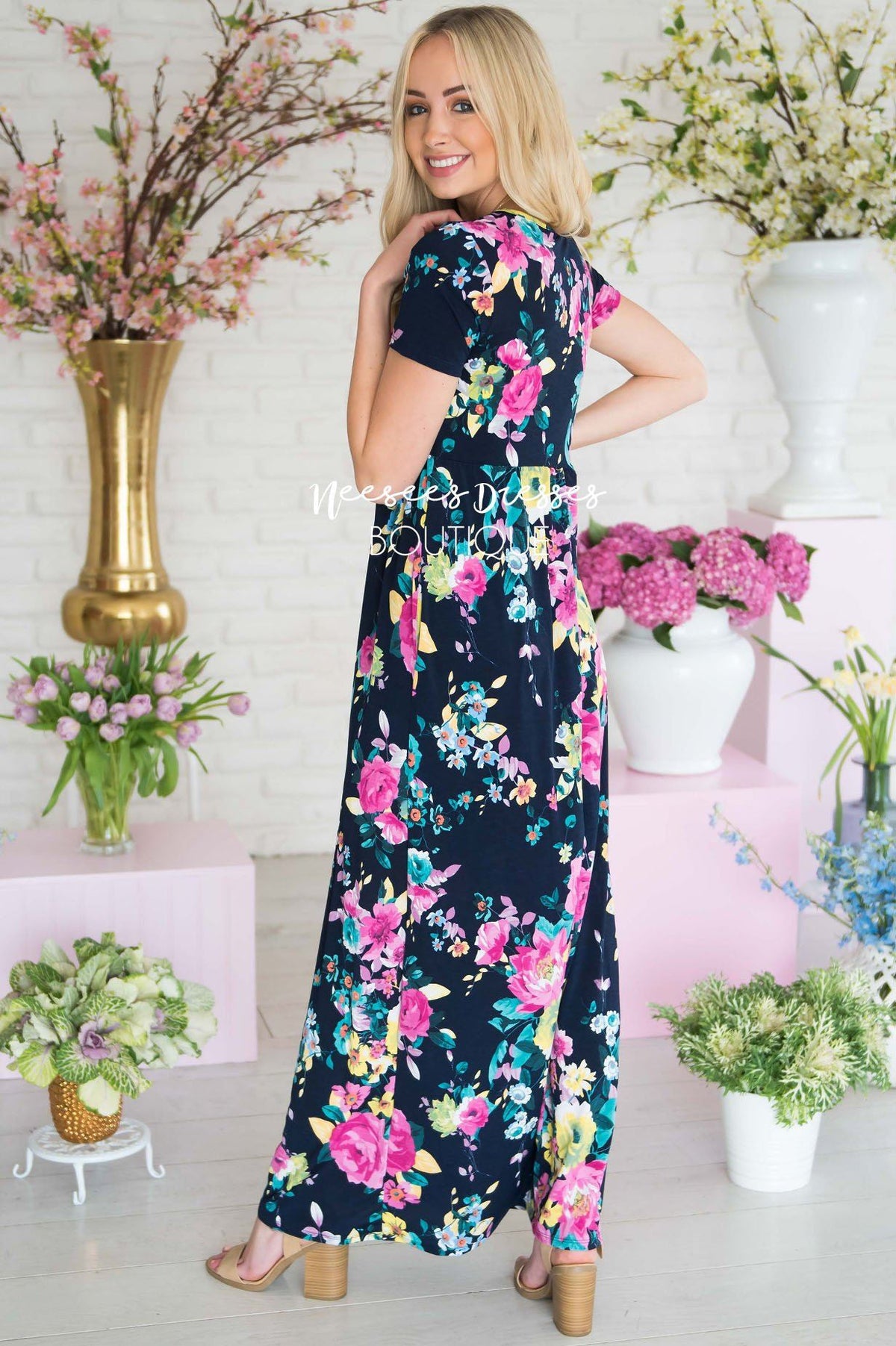 Navy Fuchsia Floral Maxi Modest Church Dress | Best and Affordable ...
