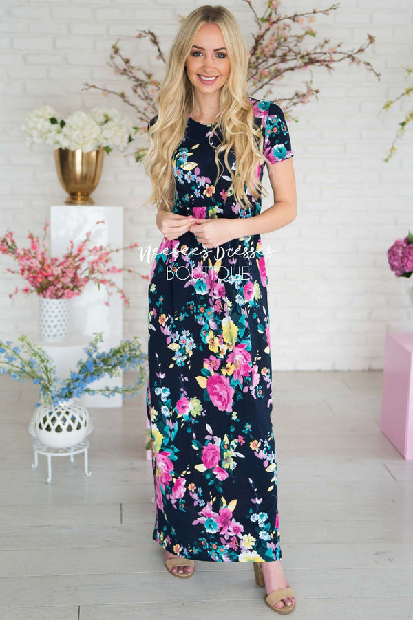 Navy Fuchsia Floral Maxi Modest Church Dress | Best and Affordable ...