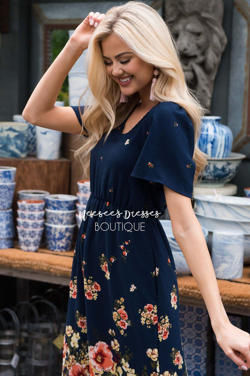 Navy w/Bordering Floral Modest Church Dress | Best and Affordable ...