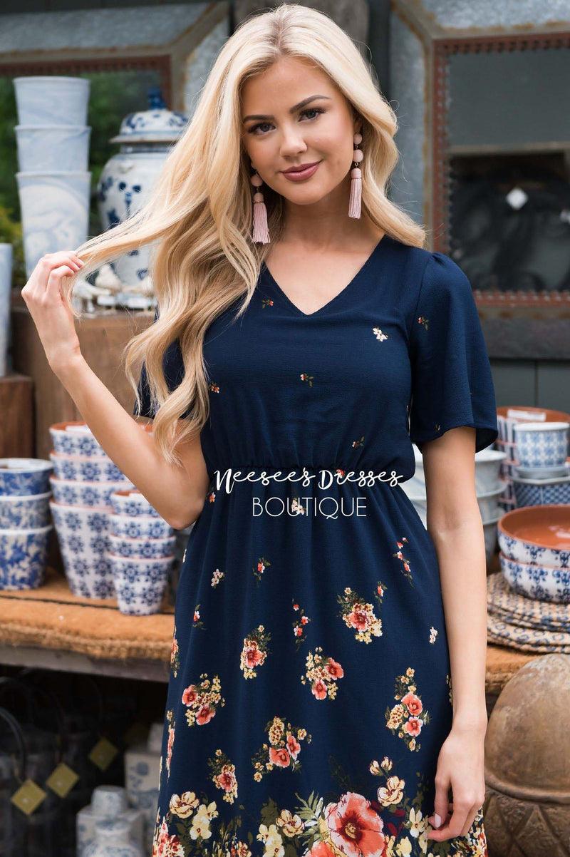 Navy w/Bordering Floral Modest Church Dress | Best and Affordable ...