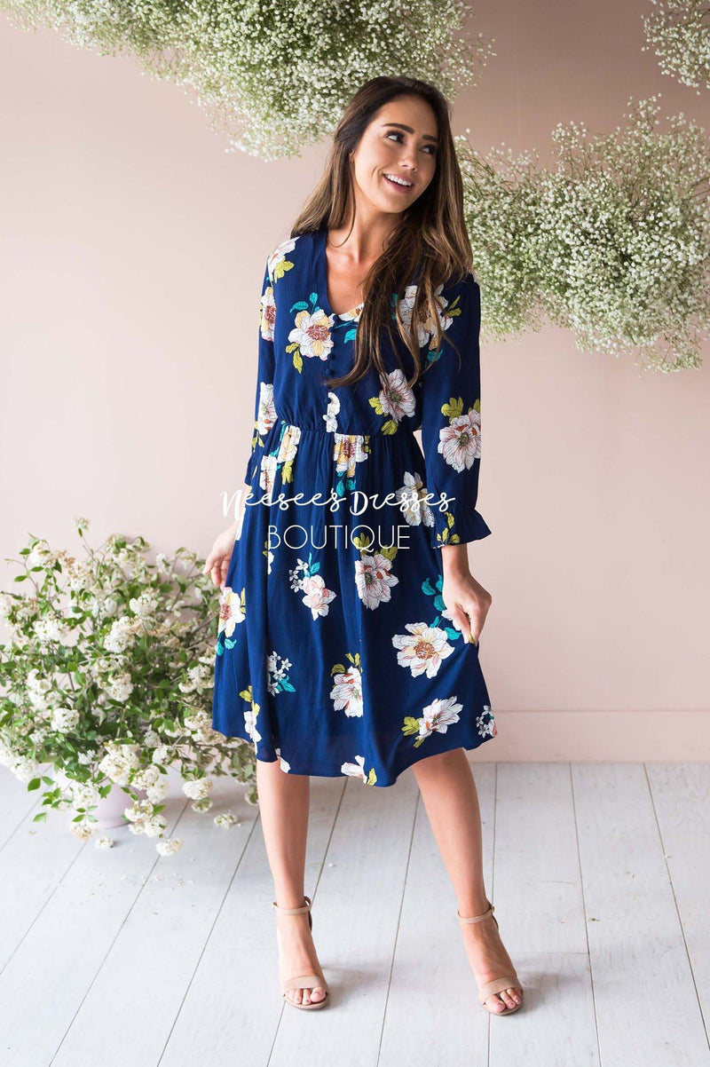 Navy Large Floral Print Modest Dress | Best and Affordable Modest ...