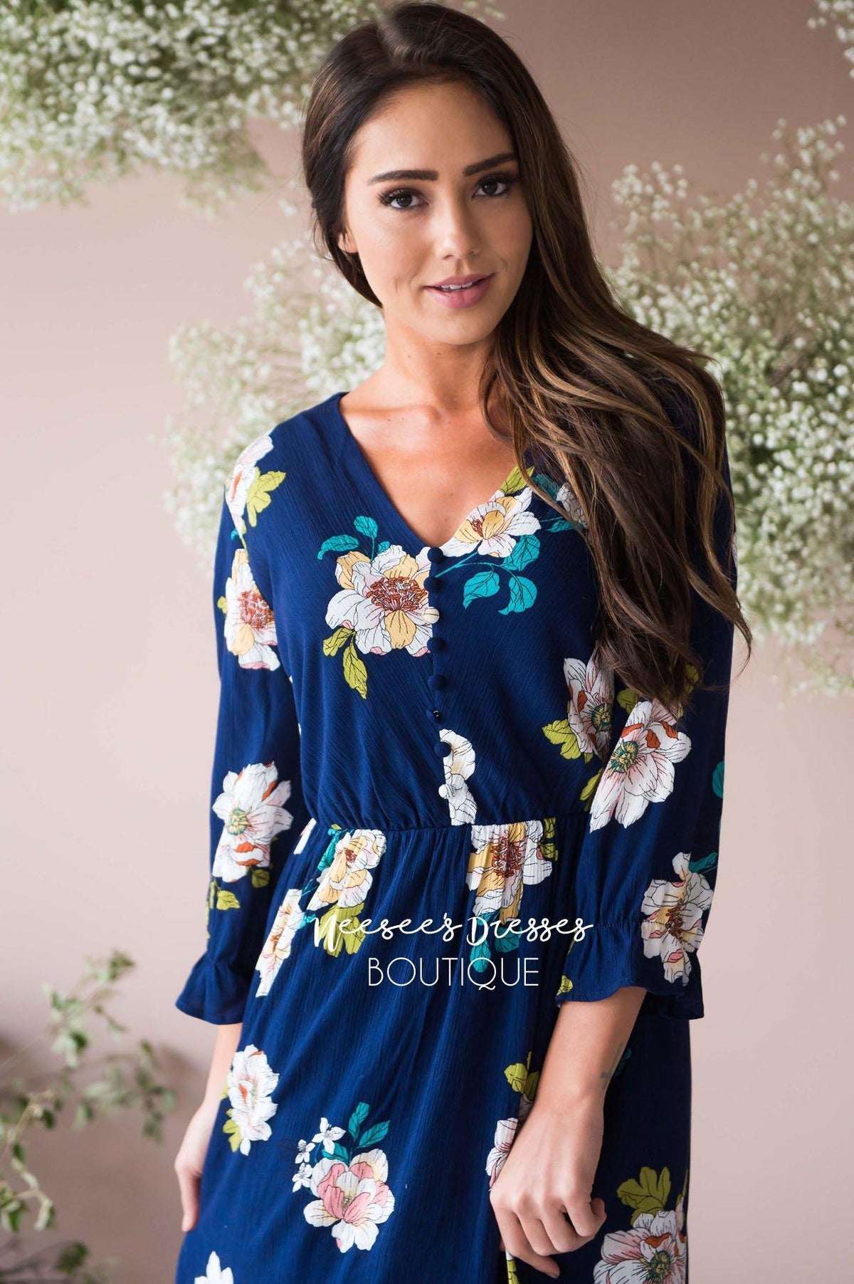 Navy Large Floral Print Modest Dress | Best and Affordable Modest ...