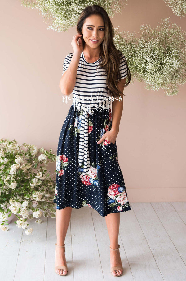 Navy Stripes/ Floral Polka Dot Modest Church Dress | Best and ...