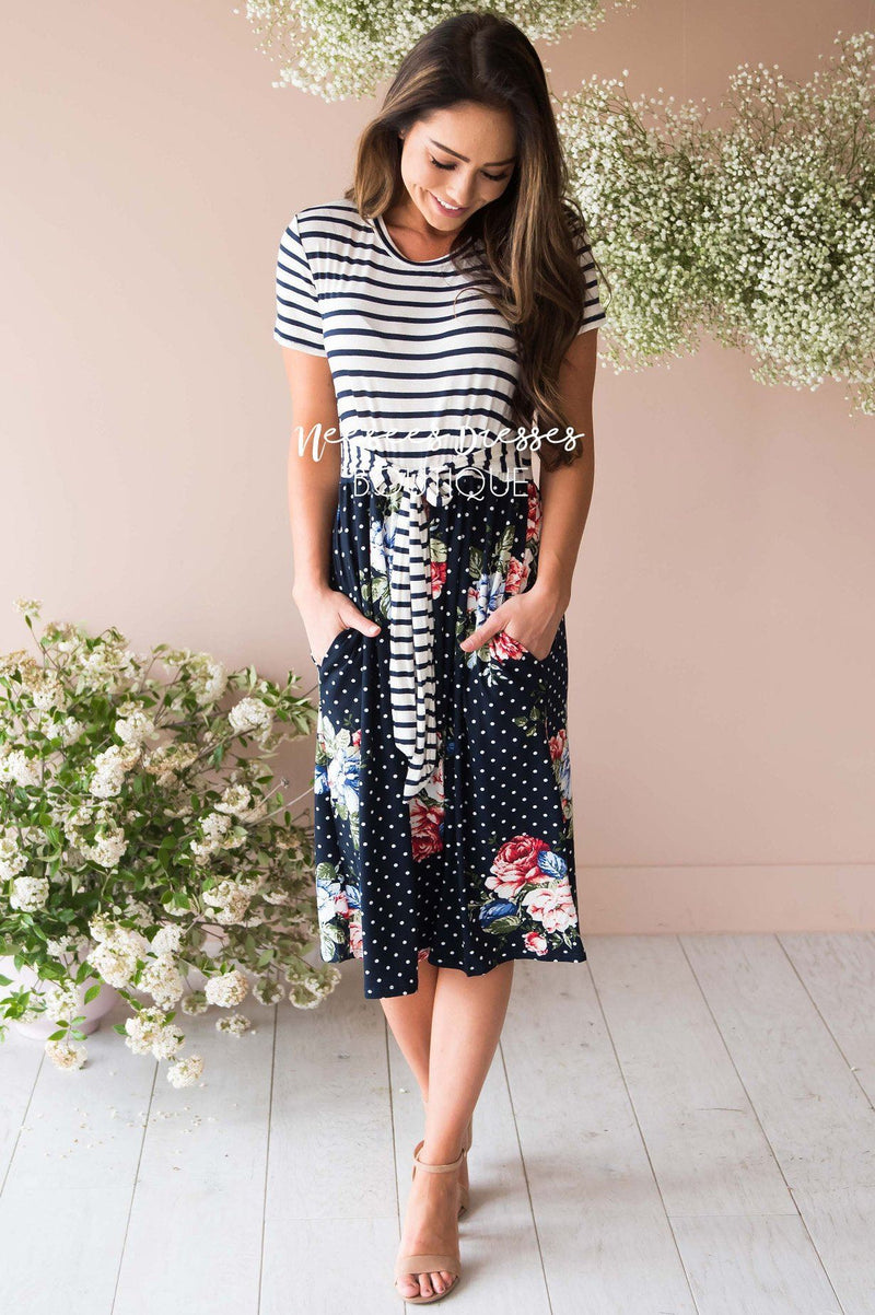Navy Stripes/ Floral Polka Dot Modest Church Dress | Best and ...